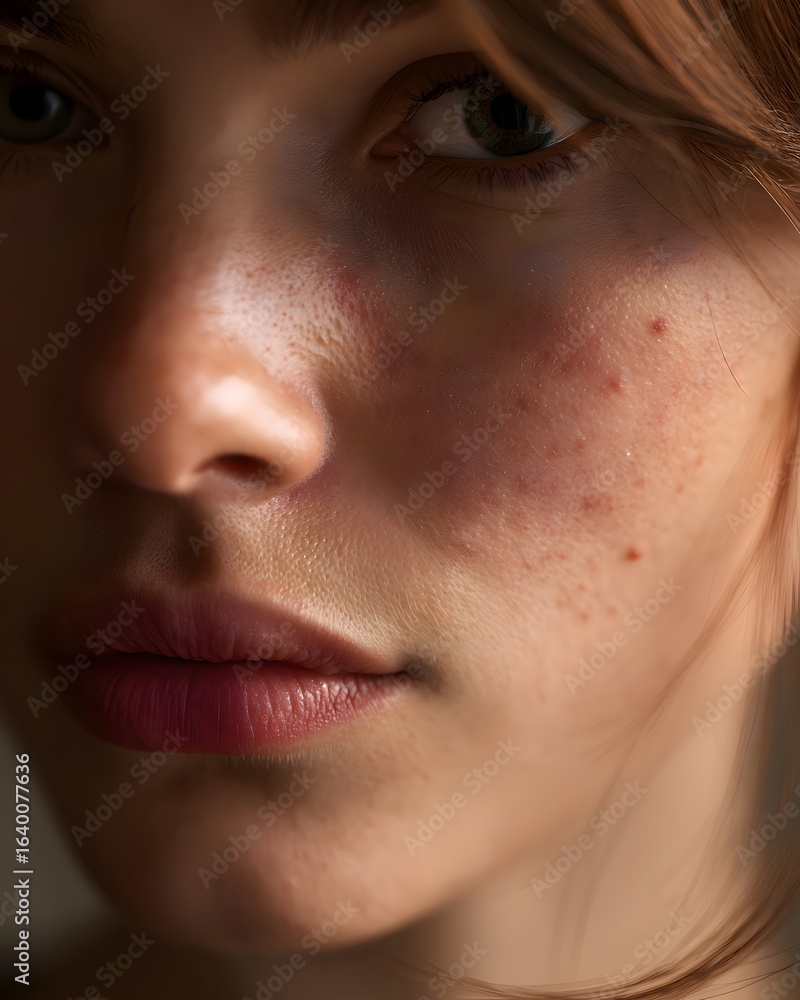 Naklejka premium Extreme close-up of young woman’s face with natural skin texture, freckles, and acne spots showing realistic beauty and dermatology concept