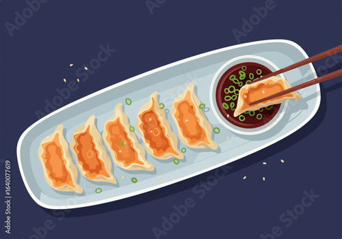 Flat vector top-down view of gyoza plate with dipping sauce and chopsticks.  plate of dumplings
