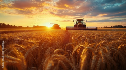 Harvesting Wheat at Sunset With Combines Working in Golden Fields Near a Tran...
