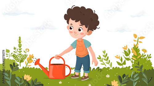 Young Boy Holding Watering Can - Illustration for Gardening Concepts
