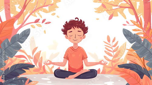 Young Boy Engaging in Mindful Meditation and Yoga Practice - Health and Wellness Illustration