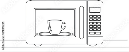 A microwave oven with a cup inside, the appliance is a table and ready to heat up the drink for a cozy moment
