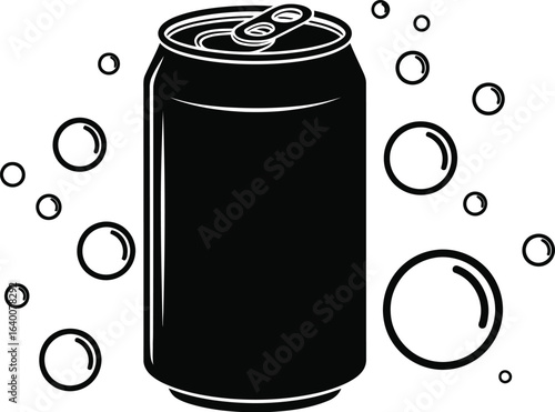 A black soda can with bubbles, a refreshing and fizzy beverage perfect for quenching your thirst a hot day