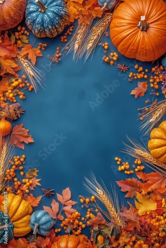 Vibrant Autumn Harvest Arrangement With Pumpkins and Colorful Leaves on a Blu...