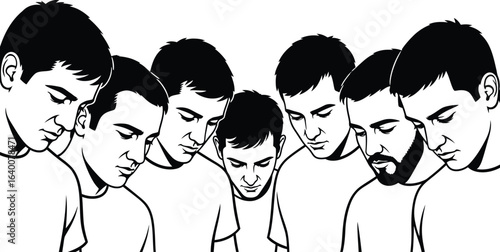 Illustration of a group of men looking down, suitable for themes of community, teamwork, focus, or shared interest