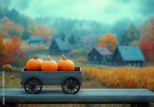 Rustic Cart Filled With Pumpkins in a Vibrant Autumn Landscape Near a Farmhouse.
