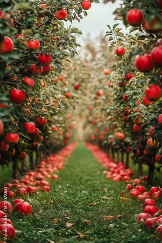 Vibrant Apple Orchard Pathway With Ripe Red Apples on the Trees in Warm After...