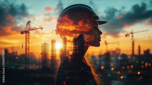 Construction Worker Silhouette at Sunset With Cranes in the Background.
