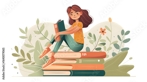 Young Girl Sitting on Pile of Books - Educational Illustration