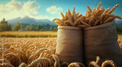 Wheat Harvest Bags Sit Under Golden Sunlight in a Vast Field During Evening H...