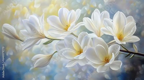 Serene scene of white flowers with gentle petals radiating beauty, creating tranquil atmosphere filled with soft colors and delicate details