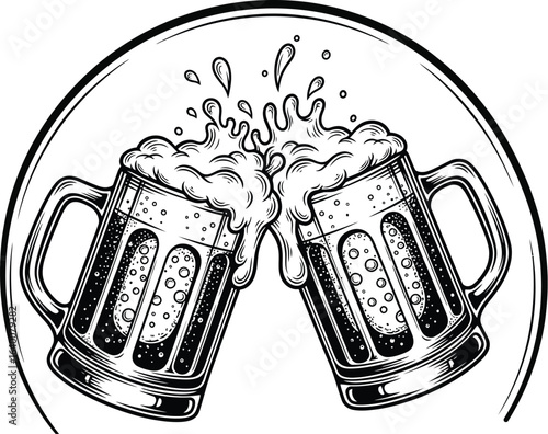 Two beer mugs toasting, a vector illustration of a celebratory toast with frothy beer in vintage style drawing