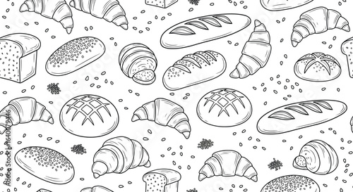Seamless pattern with different types of bread and croissants the pattern is perfect for a bakery or cafe it is a simple and elegant design