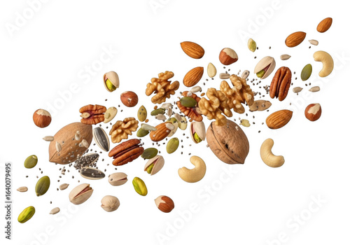 A diverse assortment of mixed nuts and seeds scattered across a dark surface isolated on transparent background