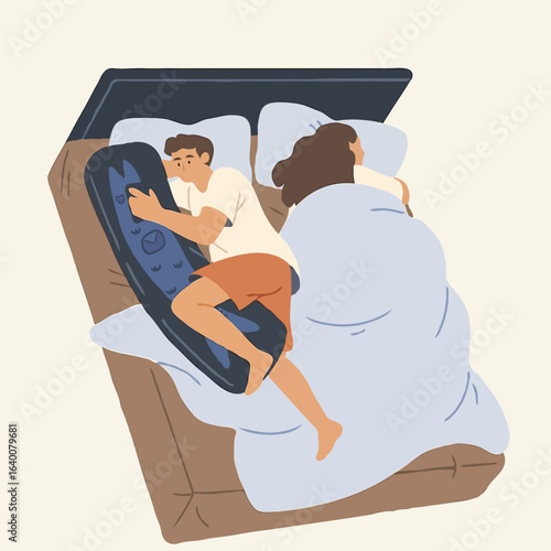 Couple sleeping in bed with quilt and blanket in cozy setting  