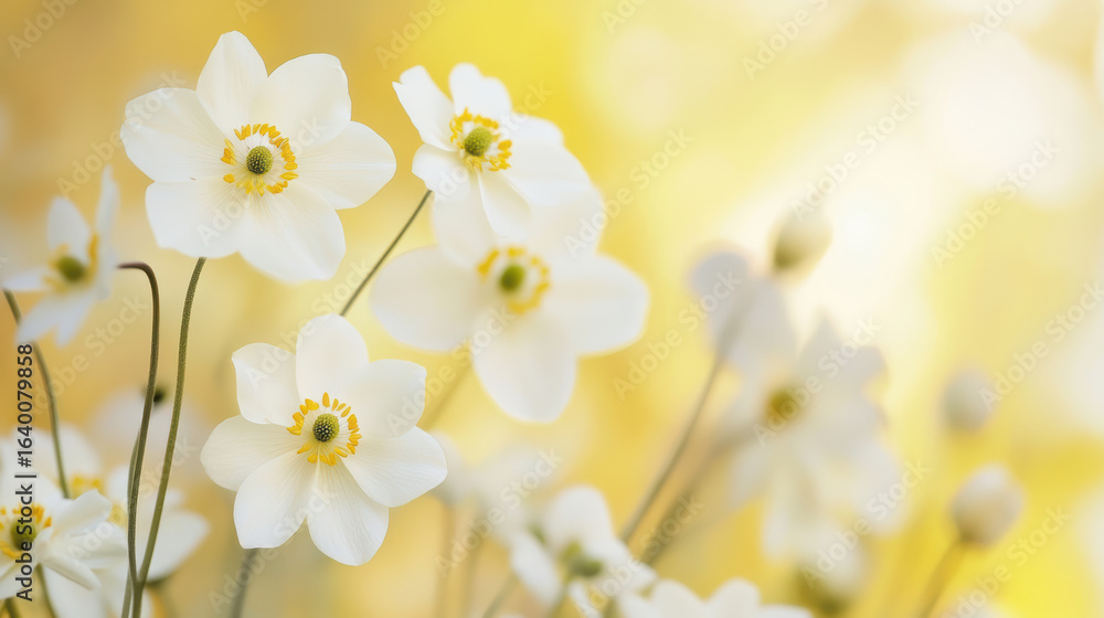 Obraz premium Soft yellow highlights on white flowers create tranquil atmosphere, evoking feelings of peace and serenity. delicate petals and gentle colors enhance beauty of nature