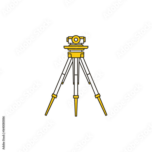 Yellow theodolite surveying instrument on tripod stand.