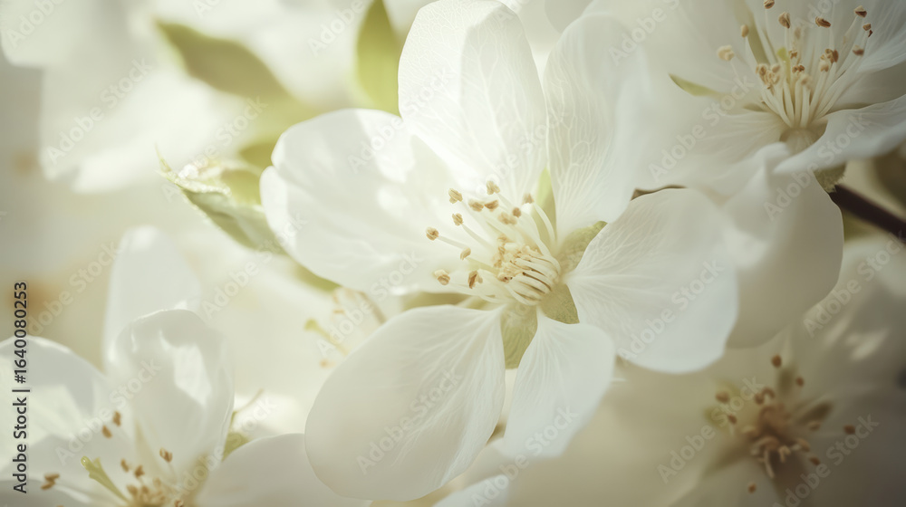 Obraz premium Tranquil close up of white blossoms showcasing their gentle petals, evoking sense of calm and beauty in nature. delicate flowers are surrounded by soft green leaves, creating serene atmosphere