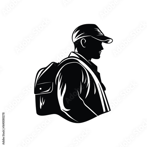Man silhouette wearing cap and backpack, isolated on white background