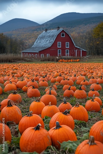 Expansive Pumpkin Field With a Red Barn During Autumn in a Rural Landscape.