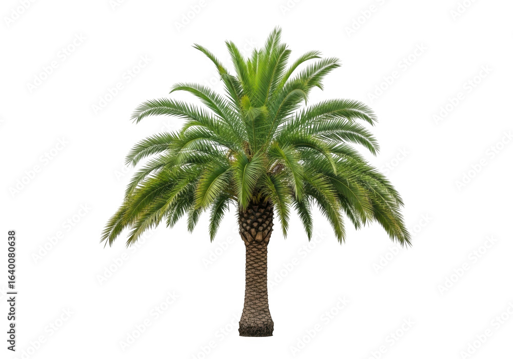 Obraz premium A lush green palm tree with a textured brown trunk isolated on transparent background