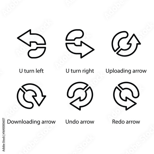 U turn left, U turn right, Uploading, Downloading, Undo, Redo, Icon