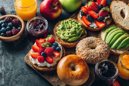 A delightful breakfast arrangement showcases whole-grain bagels topped with avocado, fresh fruits like berries and apples, and small jars of colorful homemade jam, all presented beautifully