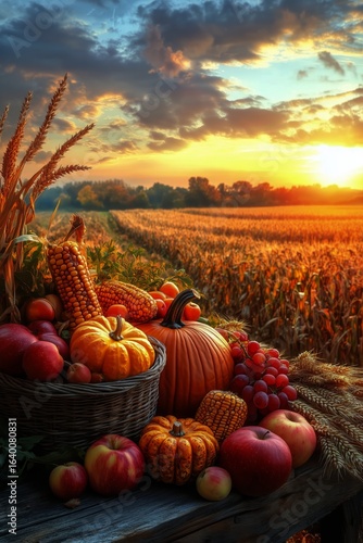 Colorful Autumn Harvest Display at Sunset in a Rural Field Setting