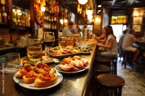 Wallpaper Mural Locals and visitors gather at a lively tapas bar in Spain, enjoying various dishes such as patatas bravas and jamon iberico while chatting, dining, and savoring drinks at night Torontodigital.ca