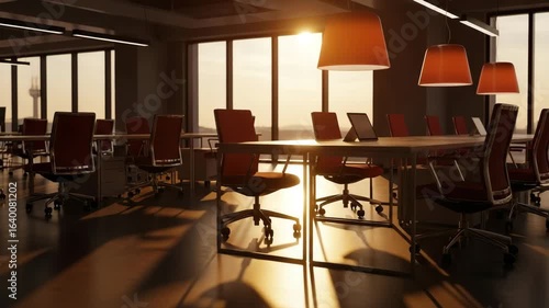 Modern, sunlit coworking space bathed in warm golden light.