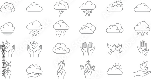 Collection of line art illustrations featuring clouds, hands, and doves, symbolizing peace, freedom, and the beauty of nature