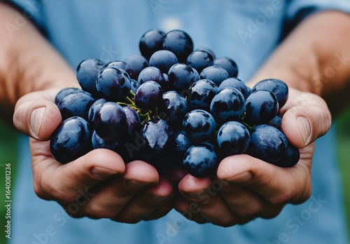 Farmer Proudly Displays Freshly Harvested Dark Grapes in Hands Under Natural ...