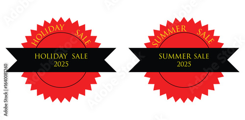 Sale badge, clean red starburst label set with black ribbon and gold text for holiday sale summer sale promotion retail discount advertising and seasonal marketing designs

