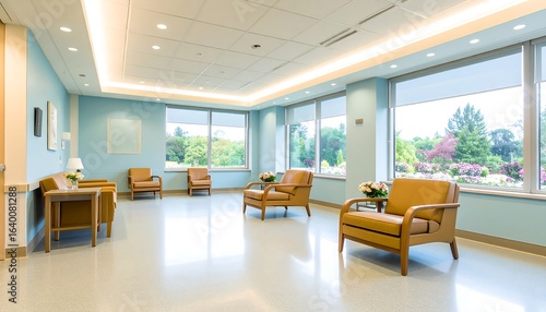 Bright hospital waiting area with comfortable seating and large windows