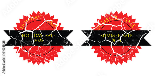 Sale badge, cracked texture red starburst label set with black ribbon and gold typography for holiday sale summer sale promotion retail discount and marketing designs

