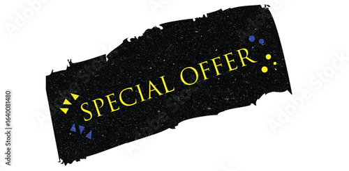 Special offer label, modern black textured sale banner with yellow typography and geometric accents for promotion discount advertising and retail marketing designs

