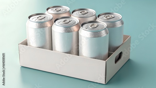 Six blank aluminum soda cans with water drops in white cardboard carrier