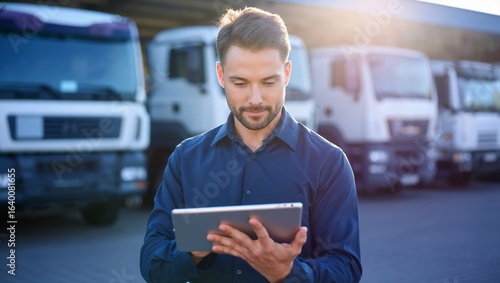 A professional man working on a tablet in a truck yard, managing logistics seamlessly.

