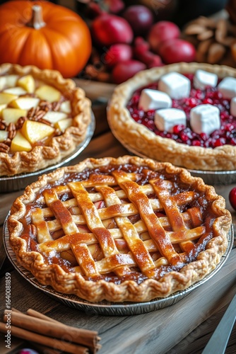 Freshly Baked Pies With Fruits and Nuts on a Rustic Wooden Table.