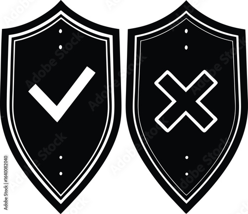 Vector art of two shields showing approval and denial with a check mark and a cross mark offering security and protection