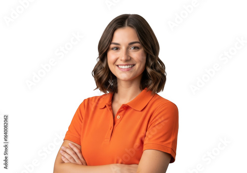 Young woman with brown hair wearing an orange polo shirt smiling isolated on transparent background