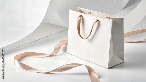 Elegant white shopping bag with golden handles and satin ribbon