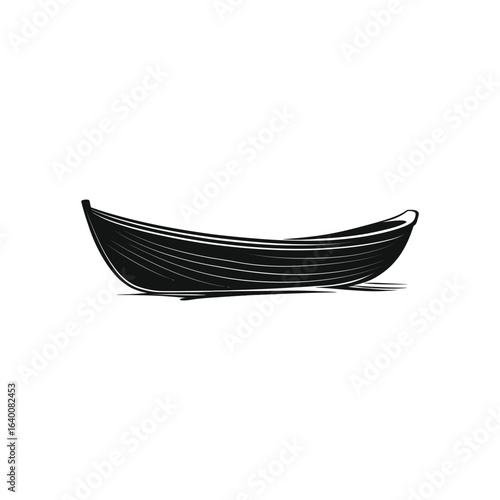 Black and white icon illustration depicting a classic small boat on water