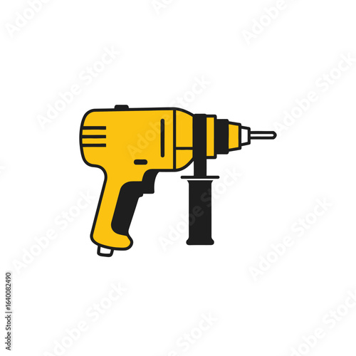 A simple vector illustration of a yellow and black electric power drill tool on a white background.