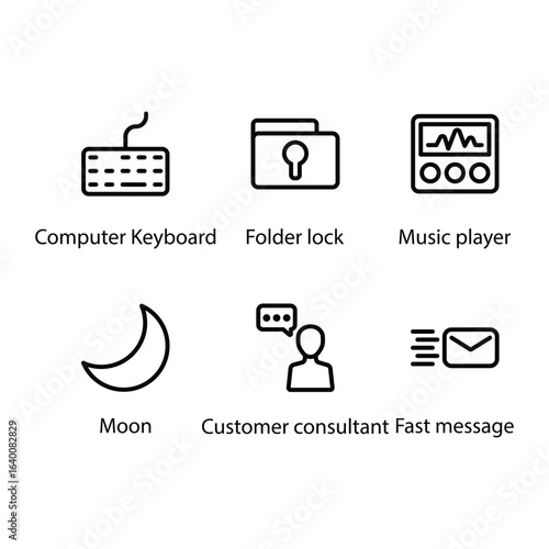 Computer Keyboard, Folder lock, Music player, Moon, Customer consultant, Fast message, Icon