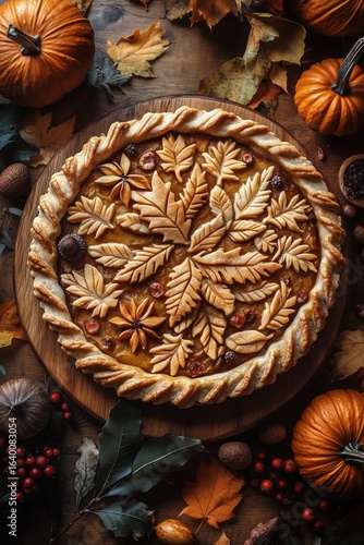 Festive Pumpkin Pie Decorated With Autumn Leaves on a Wooden Table Surrounded...