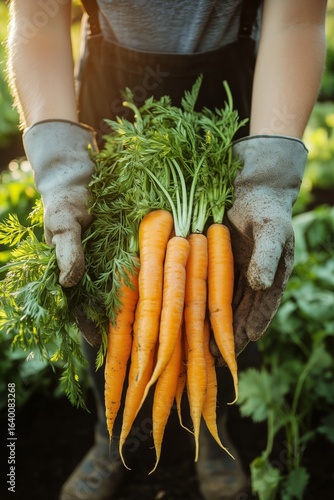 Freshly Harvested Orange Carrots Held by Gardener in a Vibrant Vegetable Gard...
