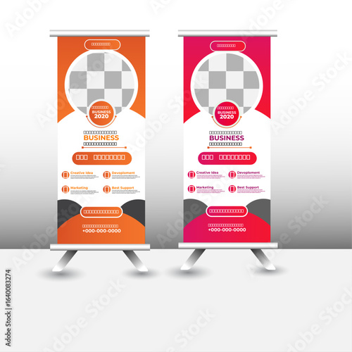 Exhibition advertising banner modern and professional layout, Business agency business pull up vertical display banner, luxury creative rollup, pull up banner template design 