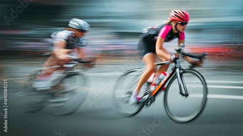 Dynamic female cyclists race intensely, capturing the thrill and speed of competitive cycling with motion blur conveying exhilaration.