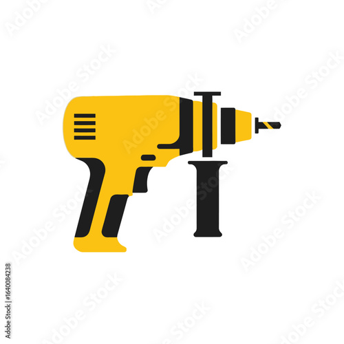 A graphic illustration of a yellow and black electric power drill with an auxiliary handle, isolated on a white background.